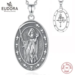 Eudora 925 Sterling Silver honey Death Scythe Necklace for Women Man Vintage Santa Muerte Mexican Pendant Personality Jewelry