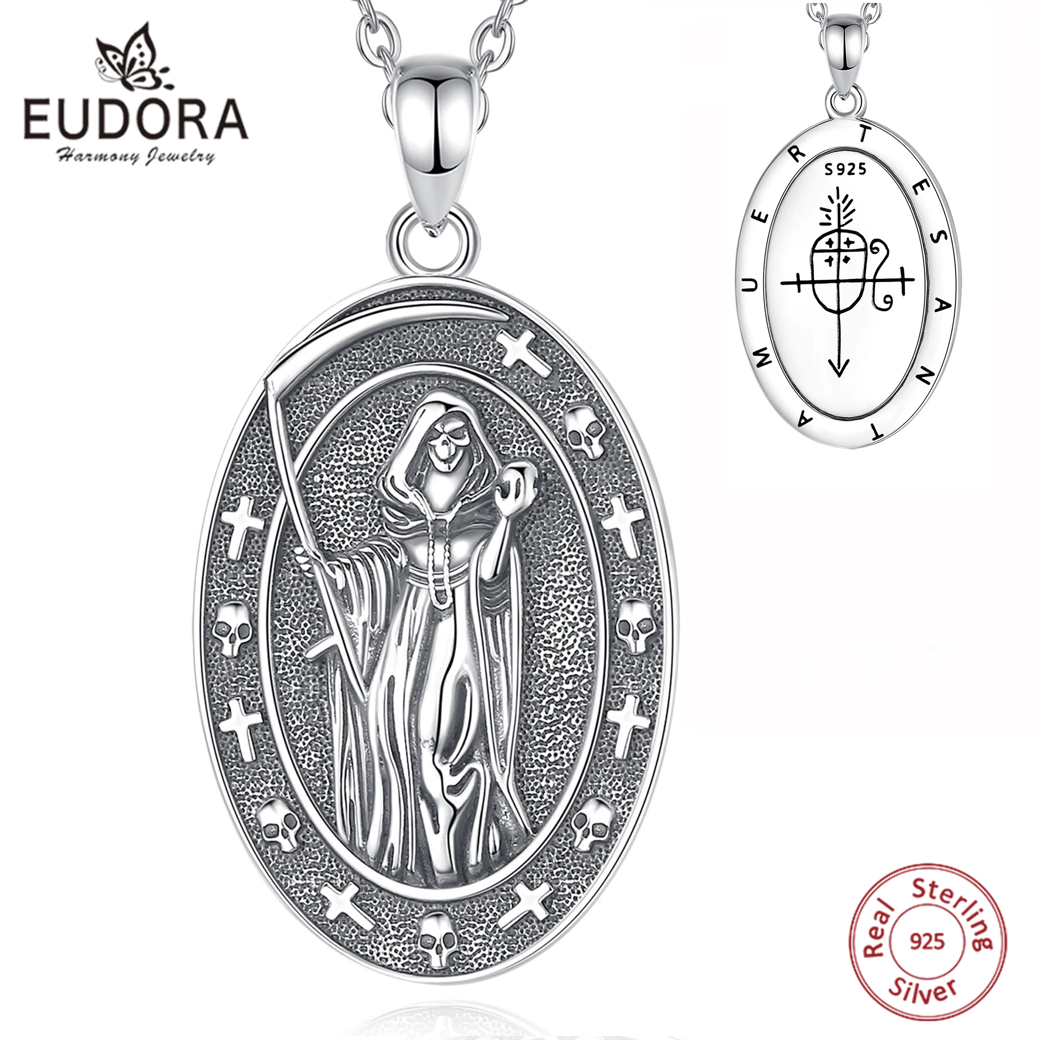Eudora 925 Sterling Silver honey Death Scythe Necklace for Women Man Vintage Santa Muerte Mexican Pendant Personality Jewelry