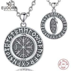 Eudora 925 Sterling Silver Viking Runes Pendant for Women Man Compass Norse Viking Amulet Necklace rotatable Personality Jewelry