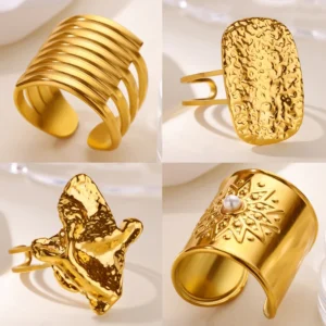 Stainless Steel Geometric Chunky Rings for Women Vintage Irregular Wrinkles Double Layer Ring Hypoallergenic Waterproof Jewelry