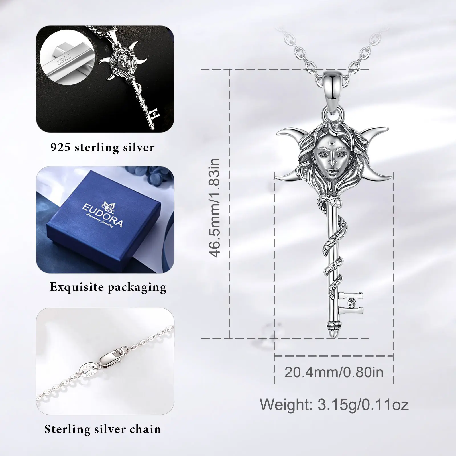 Eudora 925 Sterling Silver Hecate Necklace Snake Key Triple Moon Goddess Amulet Pendant Pagan Witch Jewelry Gift for Women Man – Image 2