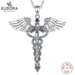 Eudora 925 Sterling Silver Caduceus Necklace for Men Double Snake Wing 7 chakras Pendant Medical Symbol Jewelry Personality Gift