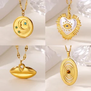 18K Gold Plated Star Moon Necklace for Women Geometric Heart Pendant Stainless Steel Lip Necklace Fashion Waterproof Jewelry