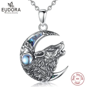 Eudora 925 Sterling Silver Wolf on the Moon Necklace Moonstone Wolf Pendant Animal Series Jewelry for Warriors Men'women Gift