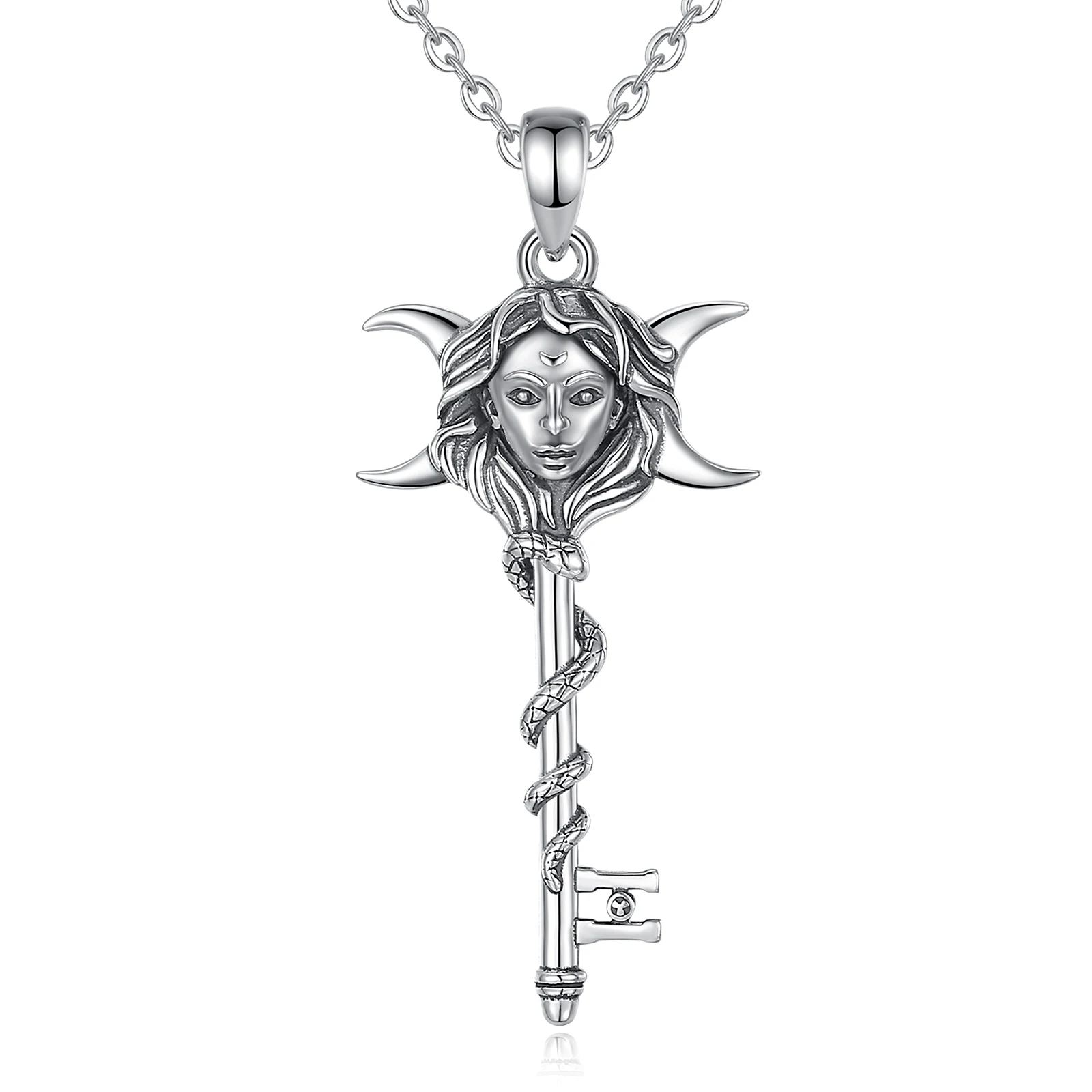 Eudora 925 Sterling Silver Hecate Necklace Snake Key Triple Moon Goddess Amulet Pendant Pagan Witch Jewelry Gift for Women Man – Image 8