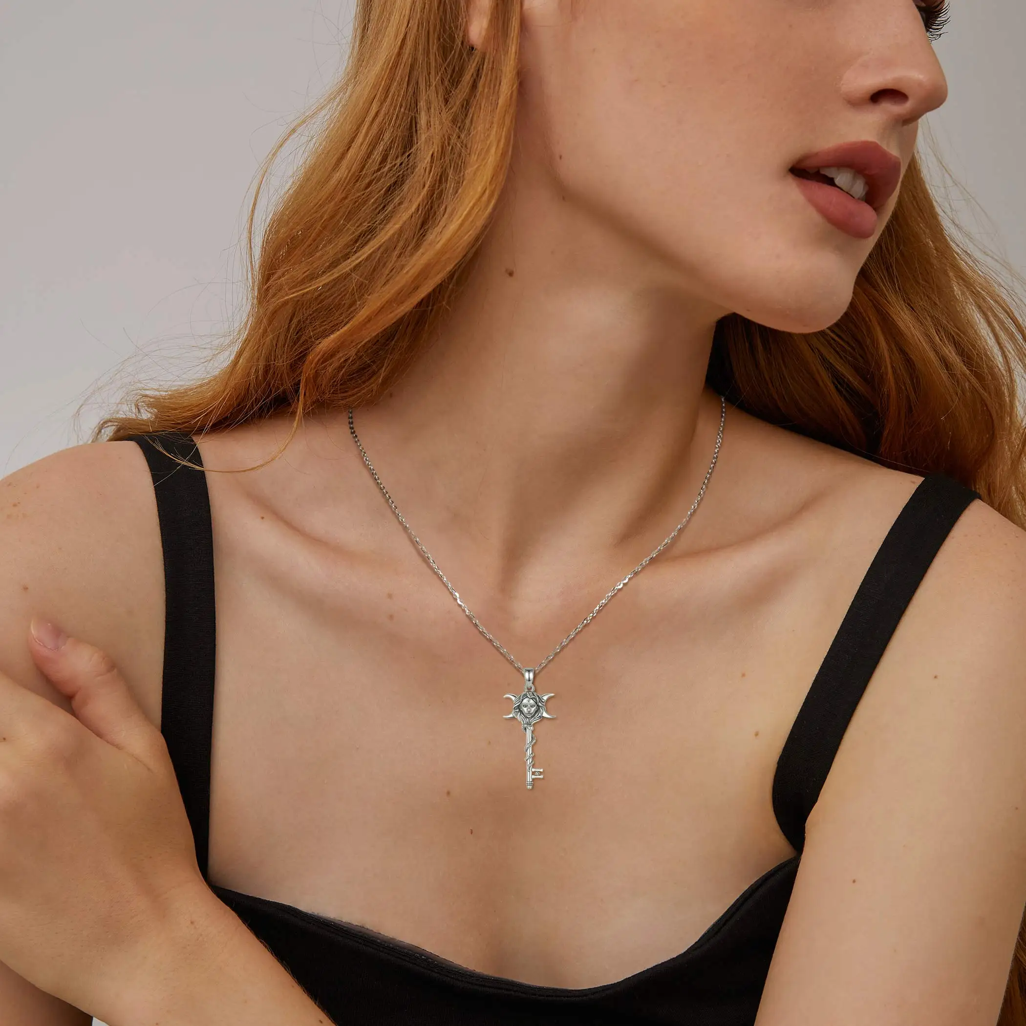 Eudora 925 Sterling Silver Hecate Necklace Snake Key Triple Moon Goddess Amulet Pendant Pagan Witch Jewelry Gift for Women Man – Image 6