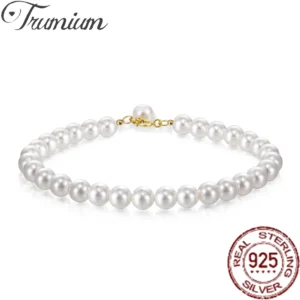 Trumium 925 Sterling Silver Real Pearl Bracelet for Women Girl Beaded Cultured Pearl Bangle Bridal Jewelry Gift