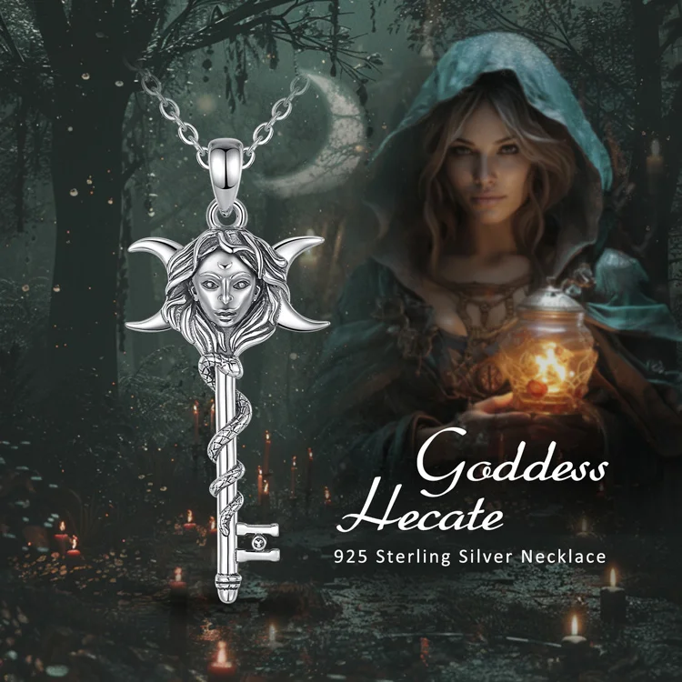 Eudora 925 Sterling Silver Hecate Necklace Snake Key Triple Moon Goddess Amulet Pendant Pagan Witch Jewelry Gift for Women Man – Image 10