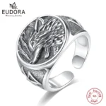 Eudora 925 Sterling Silver Viking Wolf Adjustable Ring for Men Women Vintage Nordic Valknut Amulet Signet Ring Punk Jewelry Gift