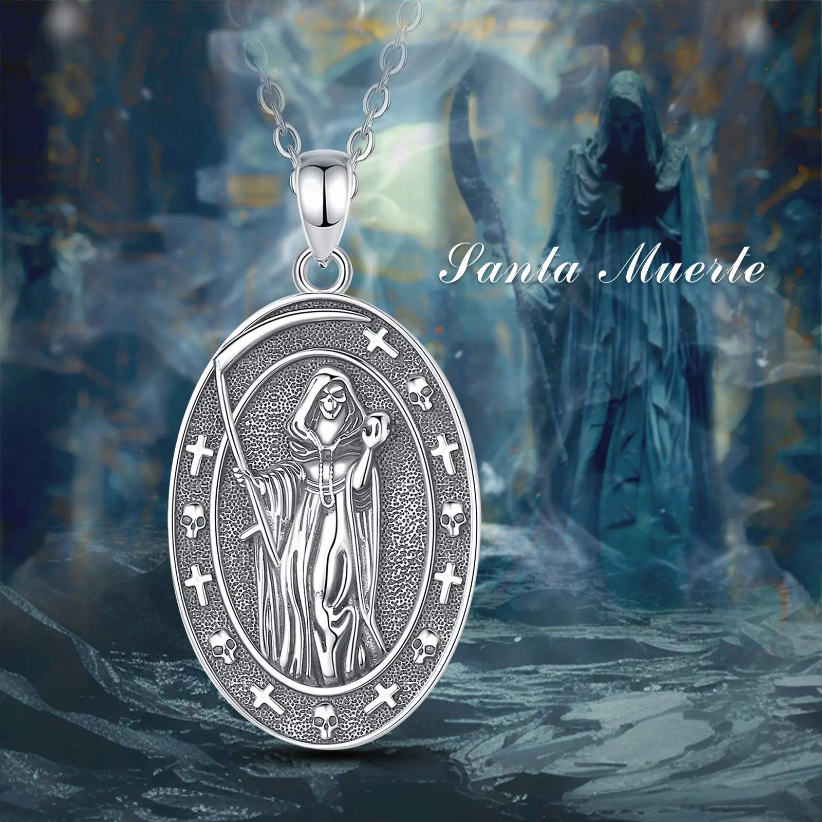 Eudora 925 Sterling Silver honey Death Scythe Necklace for Women Man Vintage Santa Muerte Mexican Pendant Personality Jewelry – Image 5