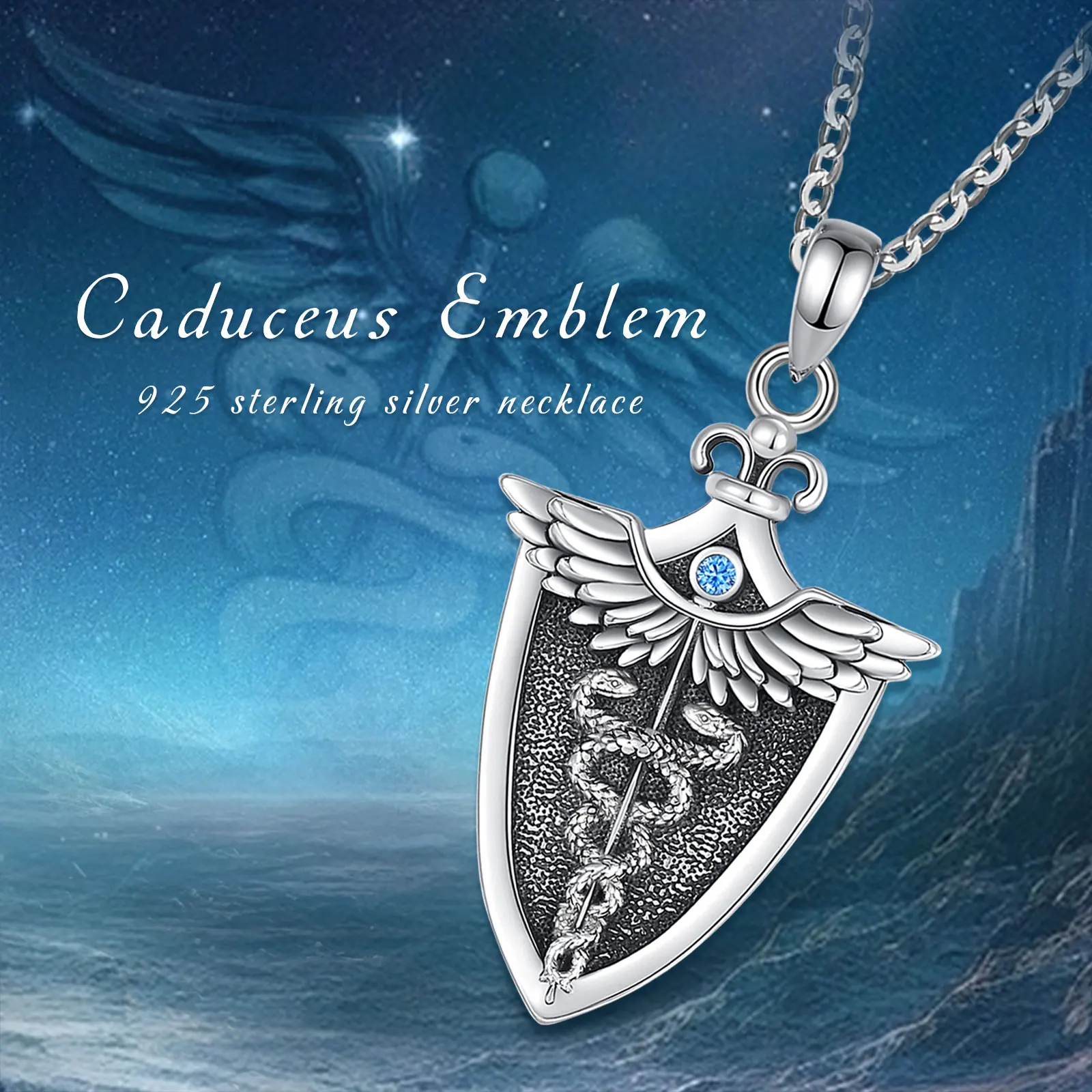 Eudora Original 925 Sterling Silver Caduceus Necklace Double Snake Wing Pendant Medical Symbol Jewelry for Men Women Gift – Image 5