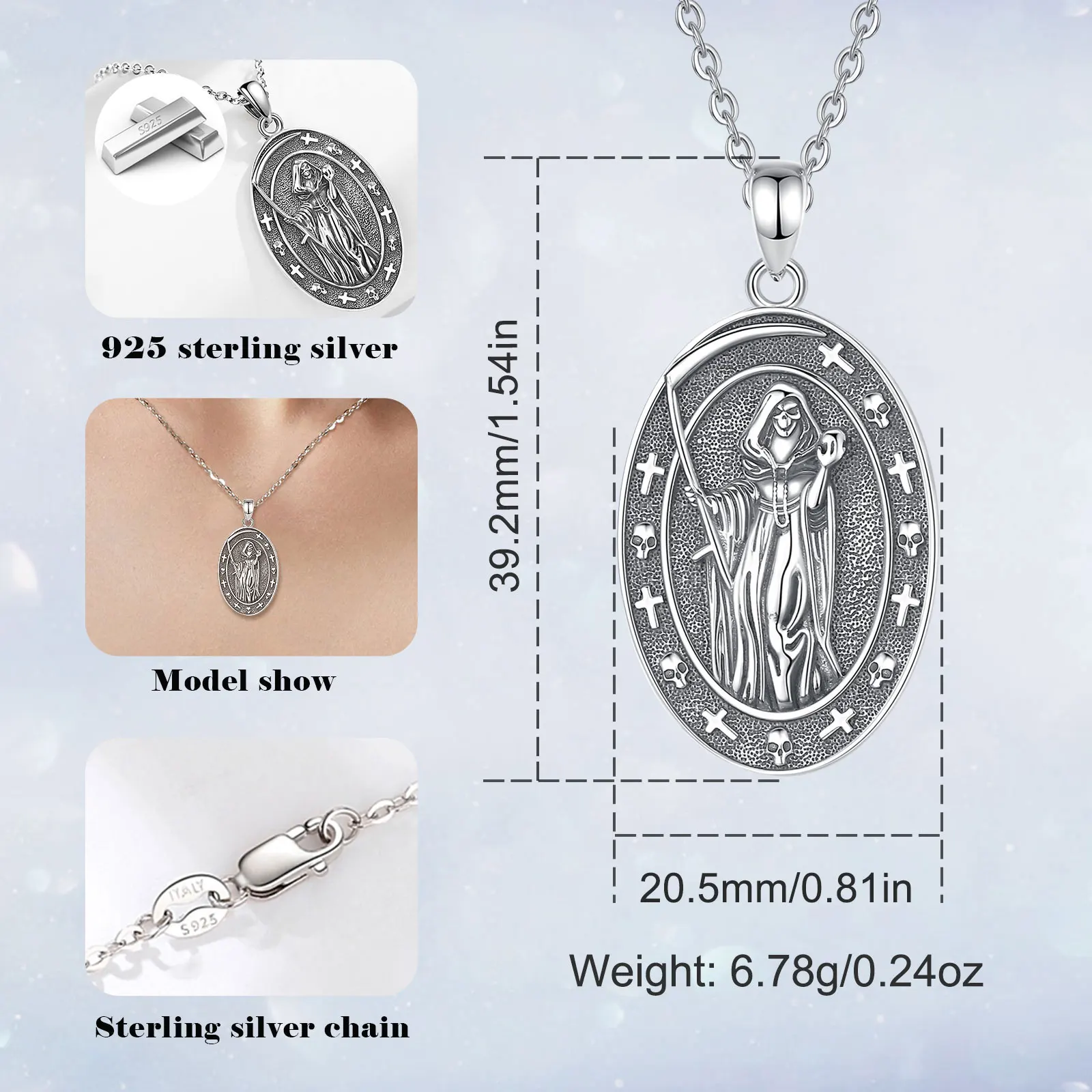 Eudora 925 Sterling Silver honey Death Scythe Necklace for Women Man Vintage Santa Muerte Mexican Pendant Personality Jewelry – Image 2