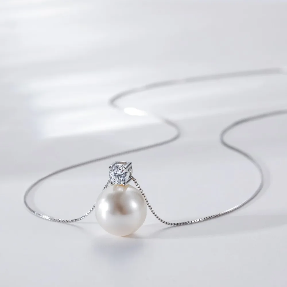 Trumium 10/12mm 925 Sterling Silver Pearl Pendant Necklace for Women Dainty CZ Chain Cultured Pearls Choker Necklaces Jewelry – Image 2