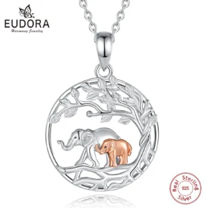 Eudora 925 Sterling Silver Elephant Mother and Baby Necklace for Women Tree of Life Pendant Fine Jewelry Meaningful Family Gift