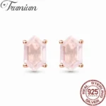 Trumium 925 Sterling Silver Pink Crystal Stud Earrings for Woman Rose Quartz Moss Agate Engagement Lady Hexagon Earrring Jewelry