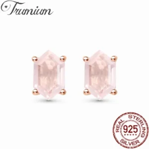 Trumium 925 Sterling Silver Pink Crystal Stud Earrings for Woman Rose Quartz Moss Agate Engagement Lady Hexagon Earrring Jewelry