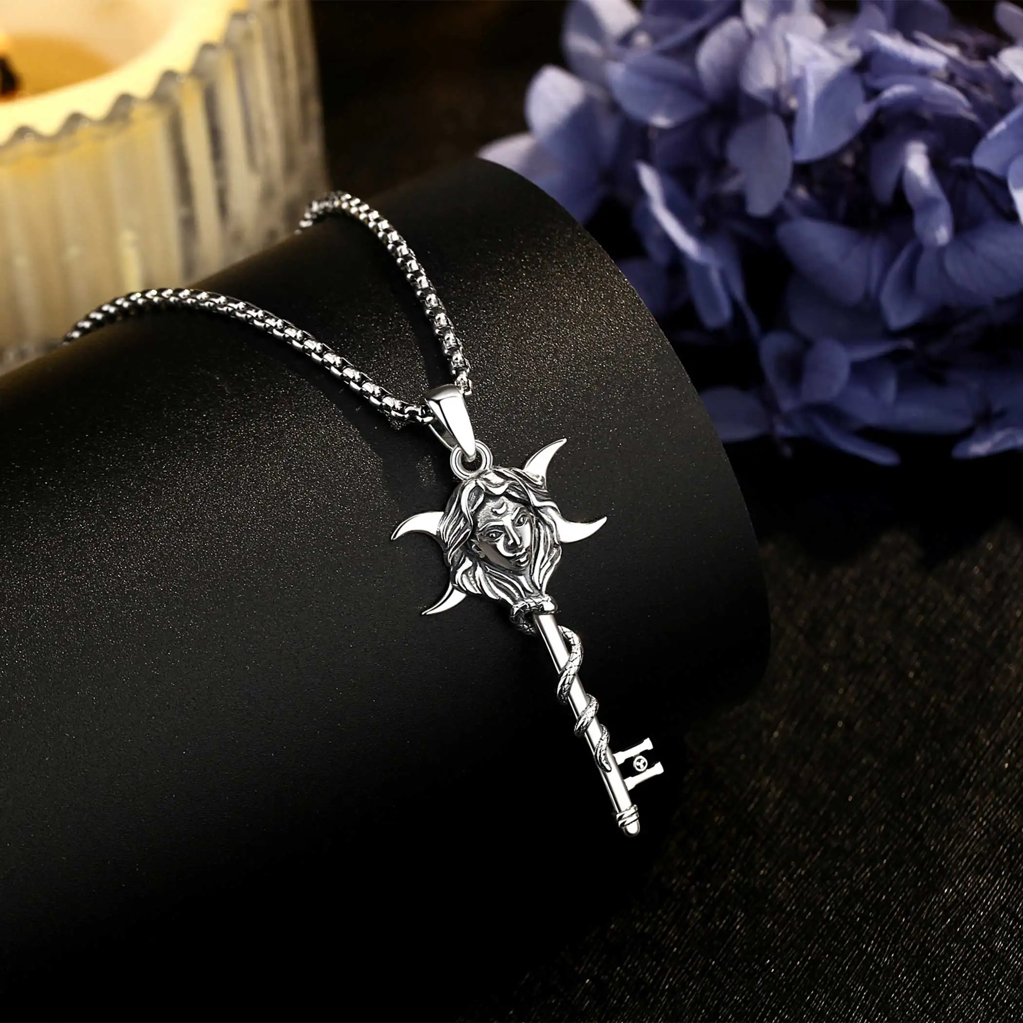 Eudora 925 Sterling Silver Hecate Necklace Snake Key Triple Moon Goddess Amulet Pendant Pagan Witch Jewelry Gift for Women Man – Image 4