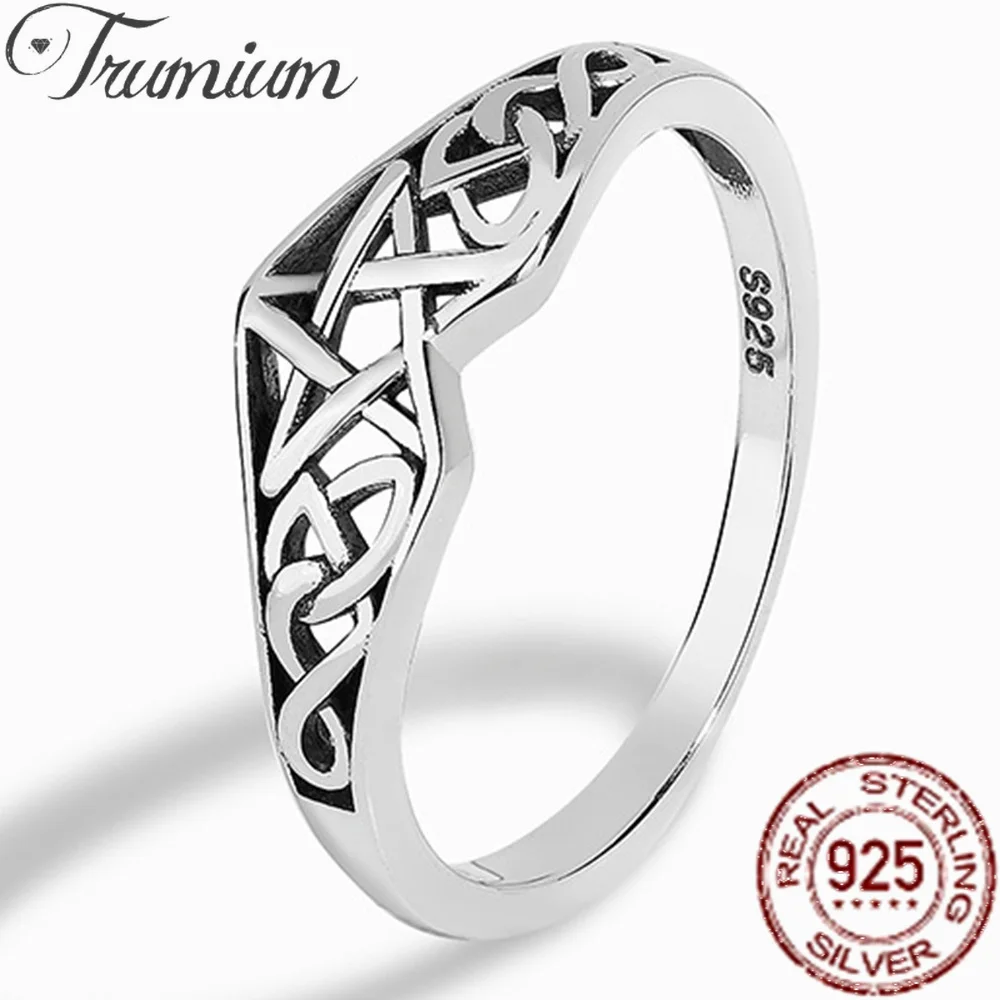 Trumium S925 Sterling Silver Pentagram Star Women Ring Celtic Filigree Design Simple Engagement Wedding Bands Party Jewelry