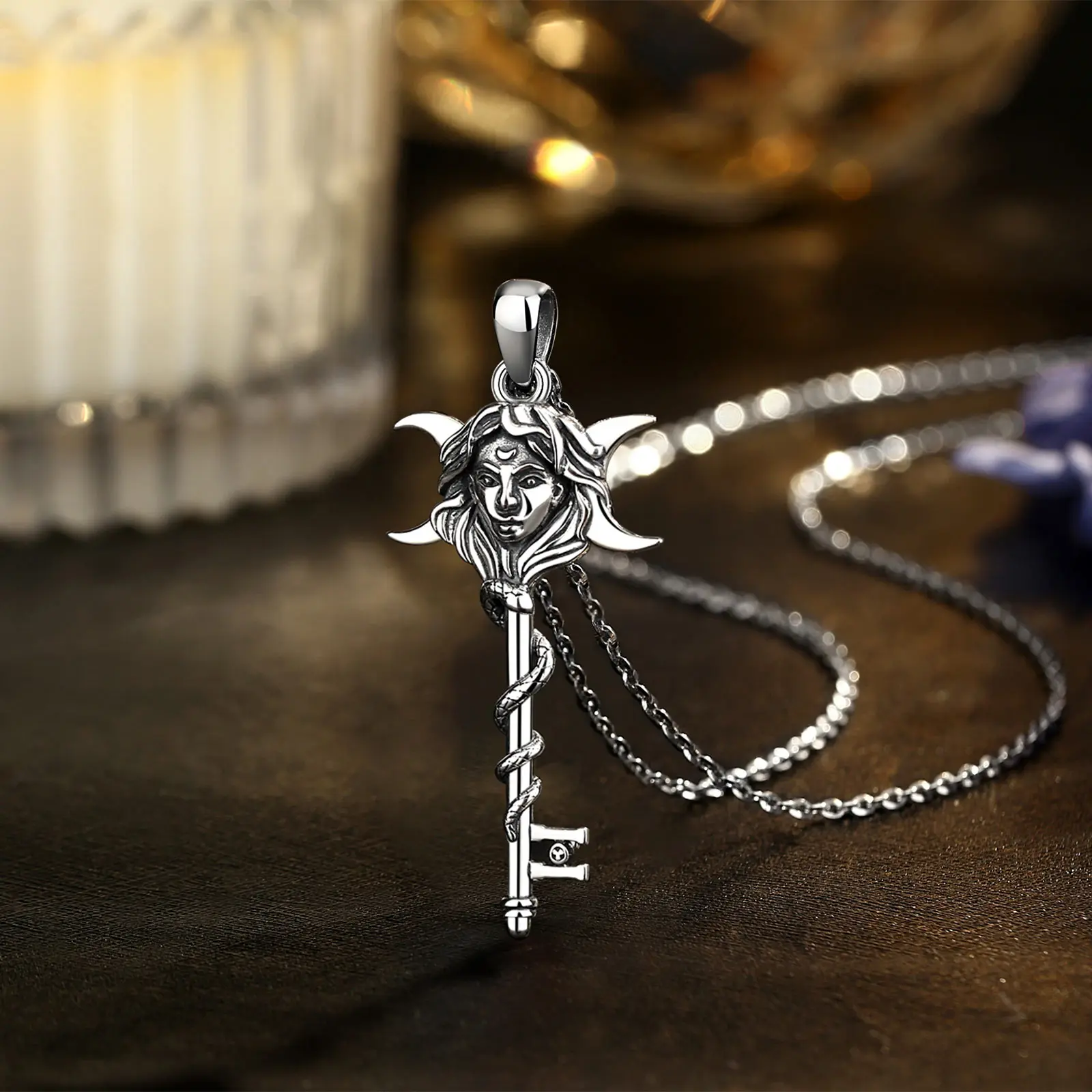 Eudora 925 Sterling Silver Hecate Necklace Snake Key Triple Moon Goddess Amulet Pendant Pagan Witch Jewelry Gift for Women Man – Image 3