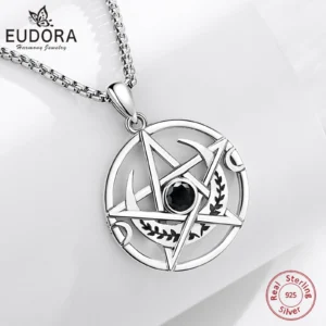 Eudora 925 Sterling Silver Pentagram Necklace Black Zircon Triple Moon Amulet Pendant Wicca Pagan Jewelry Gift for Women Men