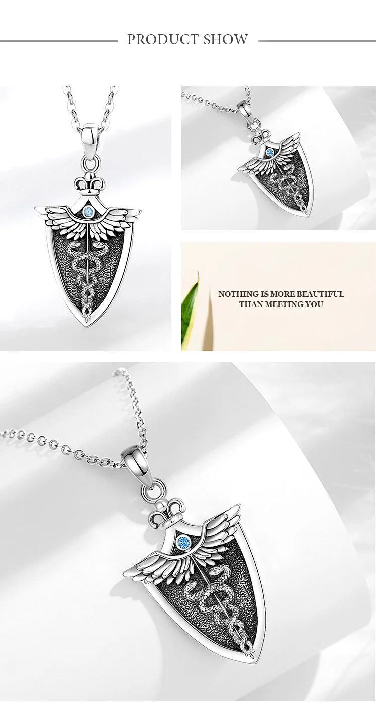 Eudora Original 925 Sterling Silver Caduceus Necklace Double Snake Wing Pendant Medical Symbol Jewelry for Men Women Gift – Image 14