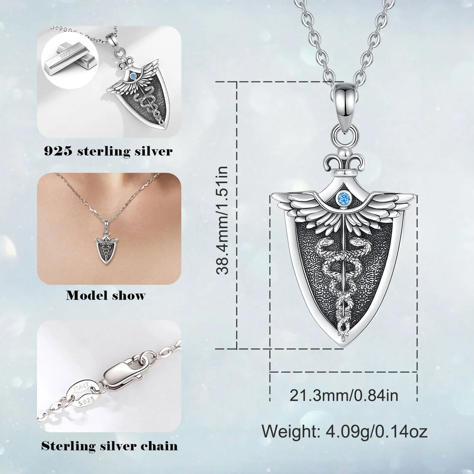 Eudora Original 925 Sterling Silver Caduceus Necklace Double Snake Wing Pendant Medical Symbol Jewelry for Men Women Gift – Image 2