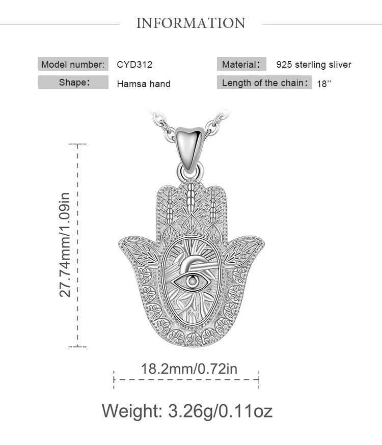 EUDORA 925 Sterling Silver Evil Eye Hamsa Hand Pendant Necklace For Men Women Angel Caller Fine Jewelry for dropshipping CYD312 – Image 12