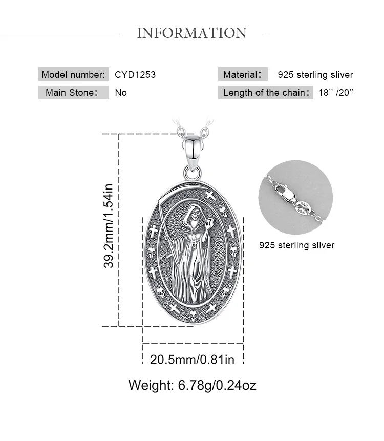 Eudora 925 Sterling Silver honey Death Scythe Necklace for Women Man Vintage Santa Muerte Mexican Pendant Personality Jewelry – Image 12