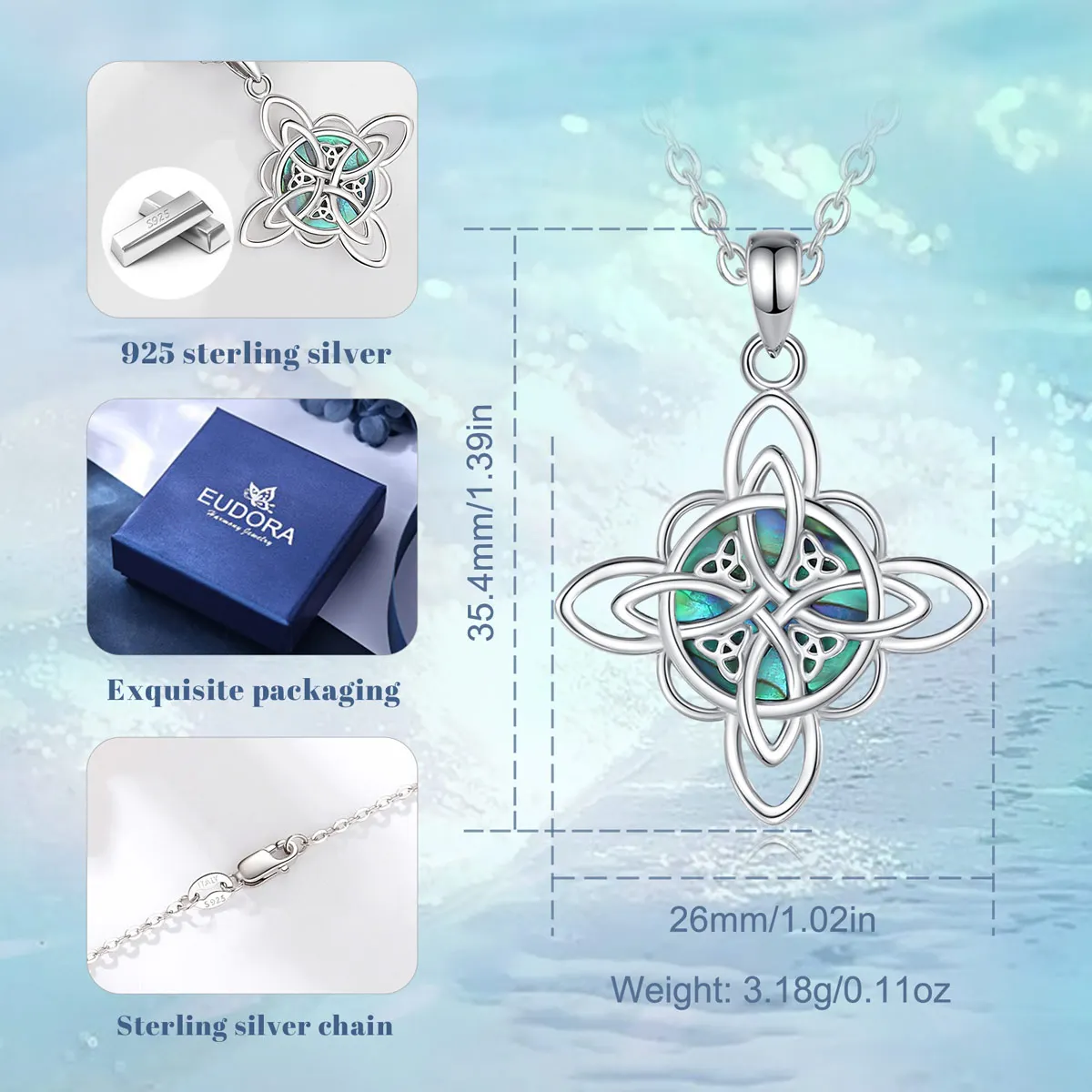 Eudora 925 Sterling Silver Witch Knot Necklace for Men Women Natural Abalone Shell Witchcraft Amulet Pendant Wicca Jewelry Gift – Image 13