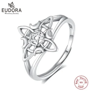Eudora 925 Sterling Silver Witch Knot Adjustable Ring for Women Man Irish Celtic Knot Witchcraft Amulet Ring Wicca Jewelry Gift