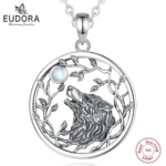 Eudora 925 Sterling Silver Viking Wolf Necklace for Men Women Moonstone Tree of Life Pendant Animal personality Jewelry Gift