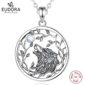 Eudora 925 Sterling Silver Viking Wolf Necklace for Men Women Moonstone Tree of Life Pendant Animal personality Jewelry Gift