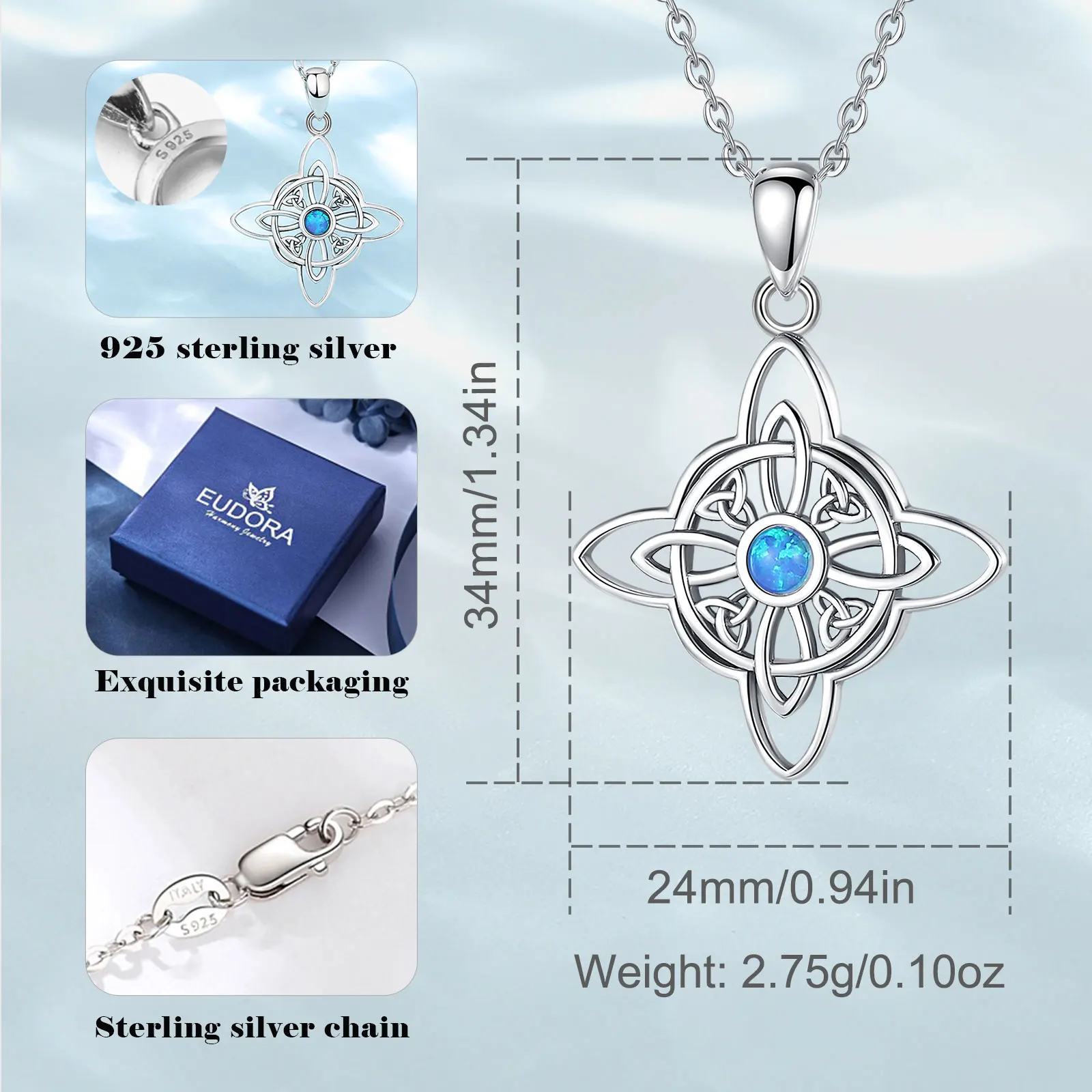 Eudora 925 Sterling Silver Witchcraft Celtic Knot Geometry Necklace Men Women Opal Wicca Amulet Necklaces Witch Jewelry Gift – Image 2
